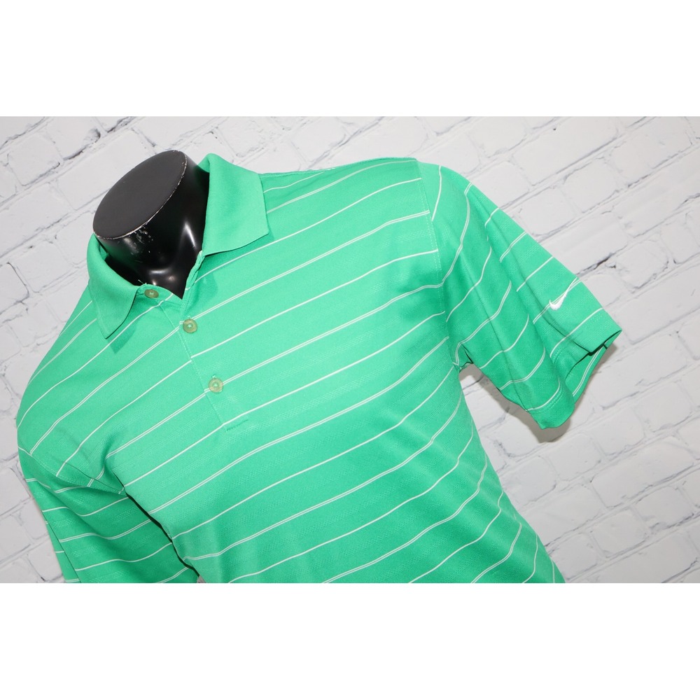 Nike Golf Polo Mens Large Green Striped Dri-Fit Short Sleeve Shirt Polyester **